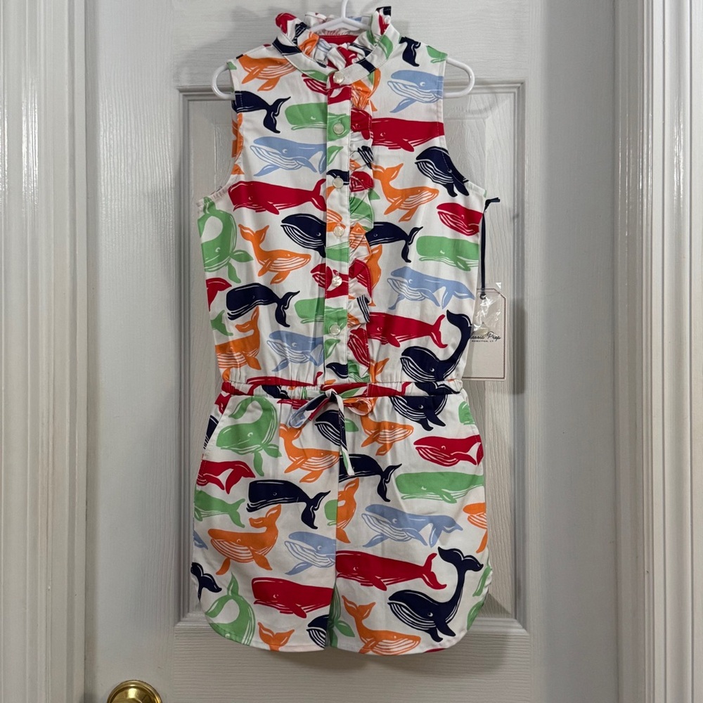 Classic Prep Jumpsuit Ruffled Collar Adjustable Waist Multicolored Whale Print